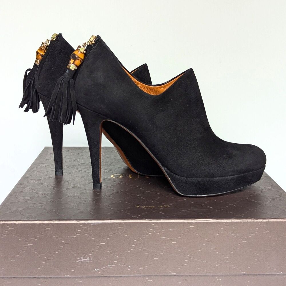 Gucci Betty High Heel Platform Bootie Size 36.5 | 6.5 Black Suede Bamboo Tassel - Picture 4 of 16